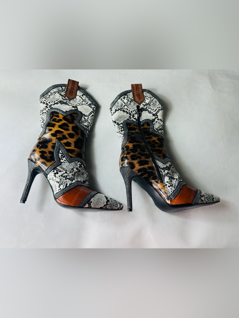 Leopard & Snake-Print Pointed Western Ankle Boots - Women's Brown/White - Picture 9 of 16
